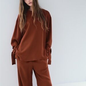 Zara Rust Oversized Blouse with Long Sleeves and Tie Front
